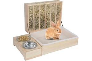 KMQRDZI Heno grande multifuncional con inodoro, pajar, madera de conejo, pajar, completo con bebedero y comedero, adecuado para conejos, conejillos de indias, hámsters, animales pequeños (2 en 1)