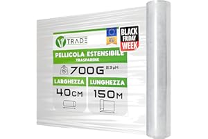 V1 Trade Pellicola per Imballaggio Trasparente – Rotolo 150 m x 40 cm – Spessore 23 micron – Film Estensibile Trasloco Mobili – Stretch Film per Pallet