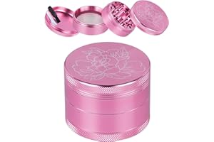 JOYMAKING Herb Grinder, Premium Aluminium Spice Grinders 2.2 Inches 4 Pieces Metal Grinder Laser Flower Pattern–Includes Pollen Catcher Stainless Steel Screen, Pollen Scraper (Pink)
