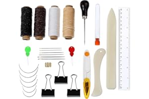HICARER Kit de Herramientas de Encuadernación de 28 Piezas Agujas Curvadas de Ojo Grande Anillo de Dedal Enhebrador de Aguja Hilo Encerado Clipper Creaser de Papel de Carpeta de Hueso Clips de Carpeta Punzón