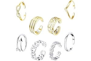 EQLEF Zehenring Set Gold und Silber, Verstellbarer offener Ring, Knöchelring und Schwanzring, Geschenk-Schmuckset (8 Stück)