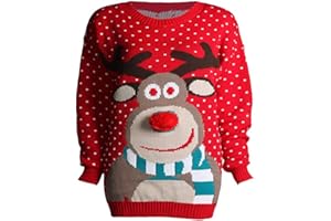 Loxdonz Kids Girls Unisex Rudolph Print 3D Nose Pom Pom Christmas Jumper Knitted Xmas Sweater Pullover