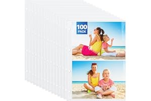 WenYa 100-Pack A4 2-Pocket Photo Sleeves for 6x8 Photos & A5 Documents, Side-Loading Clear Punch Pockets for 2/4 Ring Binder, Holds 200/400 Items Total - for Photos, Recipes, Inserts