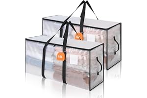 AiQInu 2 Piezas Bolsa Almacenaje 88 L, Impermeable Bolsas Mudanza Grandes Cremallera y Asa, Transparente Bolsa de Almacenamiento Ropa, Cajas Ordenacion Armario para Guardar Ropa Edredones