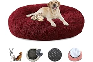 LRHRHR Panier pour Chien Dehoussable, Coussin Chien Anti Stress Lit Moelleux Apaisant Chat Lavable, Coussin Donut pour Chats et Chiens- Red Wine||Ø110cm/43in