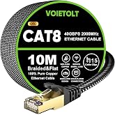 Cat 8 Ethernet Cable 10M, RJ45 Lan 40Gbps 2000MHz High Speed Network | Flat Braided Double Shielding, Gigabit Cable Internet
