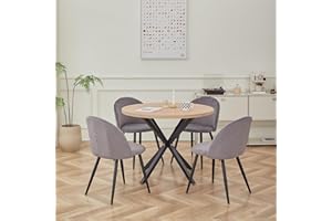GrandCA HOME Esstisch- und Stuhlset, 100 cm Runder Esstisch und 4 Nordische Samtstühle, Geeignet für Wohnzimmer, Esszimmer, Küche (Helle Holzmaserung + Grau)