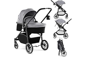 RELAX4LIFE Passeggino Pieghevole per Bambini, Carrozzina Convertibile con Seduta Reversibile, Capottina Regolabile, Cestino e Cintura di Sicurezza a 5 Punti, Pratico Passeggino da Viaggio (Grigio)