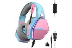 Oniverse Gaming-Headset PS5 PS4 Switch Xbox PC Mac mit verstellbarem Mikrofon, LED, Lautsprecher 50 mm, Ohrpolster aus atmungsaktivem Stoff, kabelgebunden, Nebula (Diva Pink/Rosa)