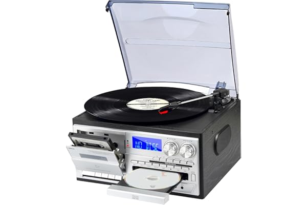 JORLAI 9 en 1 Platine Vinyle 3 Vitesses avec télécommande, Tourne-Disque Vinyle Bluetooth avec Haut-parleurs intégrés CD/Cassette Radio AM/FM USB/SD/MMC 3.5mm Aux-in/RCA-Out, Noir