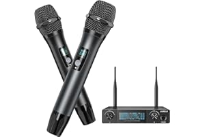 JAMELO Microphone sans Fil Système de Microphone sans Fil de Microphone à Main Professionnel UHF Double Portable Micros Dynamiques, pour Karaoké Mariages églises à Domicile Chant Conférences,60m