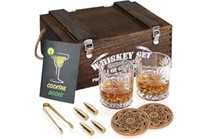 ELIGARA Juego de Madera Regalo de Vaso de Whisky, 2 Vasos de Whisky [Rotura de Vidrio = 100% de Reembolso], 4 Piedra de Whisky de Oro, Pinzas, 2 Posavasos, Libros de Cócteles, para Hombres/Papá/Novio/Marido