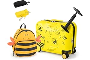 DREAMADE Valise Roulette Enfant 18" et Sac à Dos 12" avec Bandoulière Réglable Bagage Cabine Enfant 3+Ans avec Roues Pivotante 360° Bagage à Main Fille et Garçon Charge 50KG+8KG (Abeille)