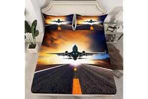 LOUSSIESD Aircraft Bed Sheet Set for Girls Boys Teens Aviation Airplane Runway Bedding Sheets 3D Print Bedding Fitted Sheet Modern Airplane Sunset Bed Cover 2Pcs Single Size