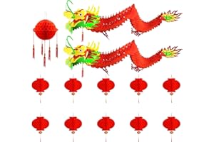 IRmm 3D Chinese New Year Dragon, 13 PCS Chinese Paper Dragon with Ball and Red Lanterns for Chinese Spring Festival, Lantern Festival Decorations