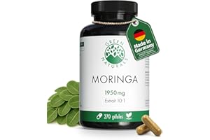 Moringa Oleifera – Haute dose : 19.500 mg de poudre de moringa (1.950 mg d’extrait (10:1)) – 100% végan & sans additifs – 270 gélules (3 mois) – Végan & testé en laboratoire – Green Naturals®