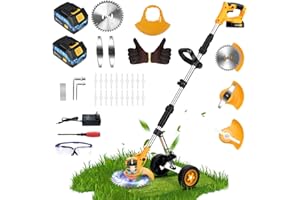 FOVENDI 21V Decespugliatore a Batteria con 2x2Ah Batterie e Caricabatterie 3 Lame Tagliabordi a Batteria Elettrico con Ruote Decespugliatore Elettrico