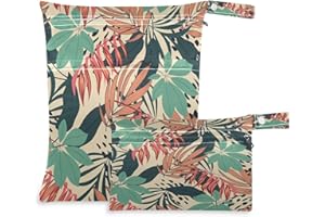 JUMBEAR Vintage Flower Leaves Wet Dry Bags Sets Waterproof Reusable Travel Beach Baby Cloth Diaper Wet Dry Bags Organizer with Two Zippered Pockets for Swimsuit and Gym 2PCS