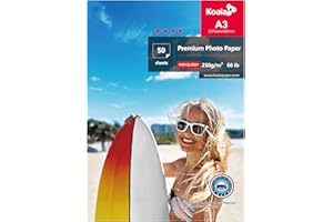 KOALA Papier photo jet d'encre brillant, A3 297x420 mm 250 g/m² 50 feuilles, avec revêtement en résine avancée haute brillance de qualité supérieure, pour imprimante à jet d'encre Canon Hp Epson