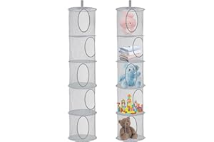 DOGMOON Hängeaufbewahrung, 2 Stück Faltbare Hängeaufbewahrung Organizer, 5 Fächer Hängeregal Mesh Hängende Netz-Aufbewahrungstasche, Kuscheltier Aufbewahrung Hängend Korb für Kinderzimmer Balkon(Grau)