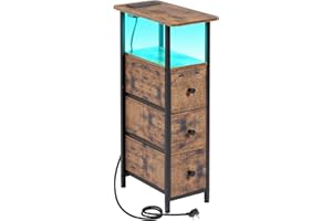 LOAKEKEL Slim Bedside Table with Charging Station, Narrow Side Table with LED Light, Sofa Table with 3 Fabric Drawers, End Table, Nightstand for Small Spaces, Living Room, Rustic Brown UHETNDP03PLBR-1