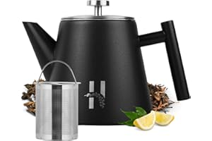 Théière isotherme Hanamura avec infuseur - en acier inoxydable à double paroi 1L - noire moderne pour thé et tisane