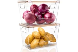 Hiziwimi 2 Set Pantry Organizers and Storage - Stackable Pantry Storage Bin Containers for Potato, Onion, Garlic, Fruit, Vegetable, Produce - Clear Front Open Kitchen Organization Baskets with Lid