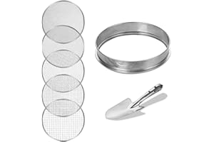 DUOJIN Set di Setaglio da Giardino Rotondo 30cm in Acciaio Inox con 5 Setacci Intercambiabili di 3/6/9/10/12mm, Attrezzi da Giardino per Setacciare Terreni, Semi, Pietre e Compost, Comprese Pale