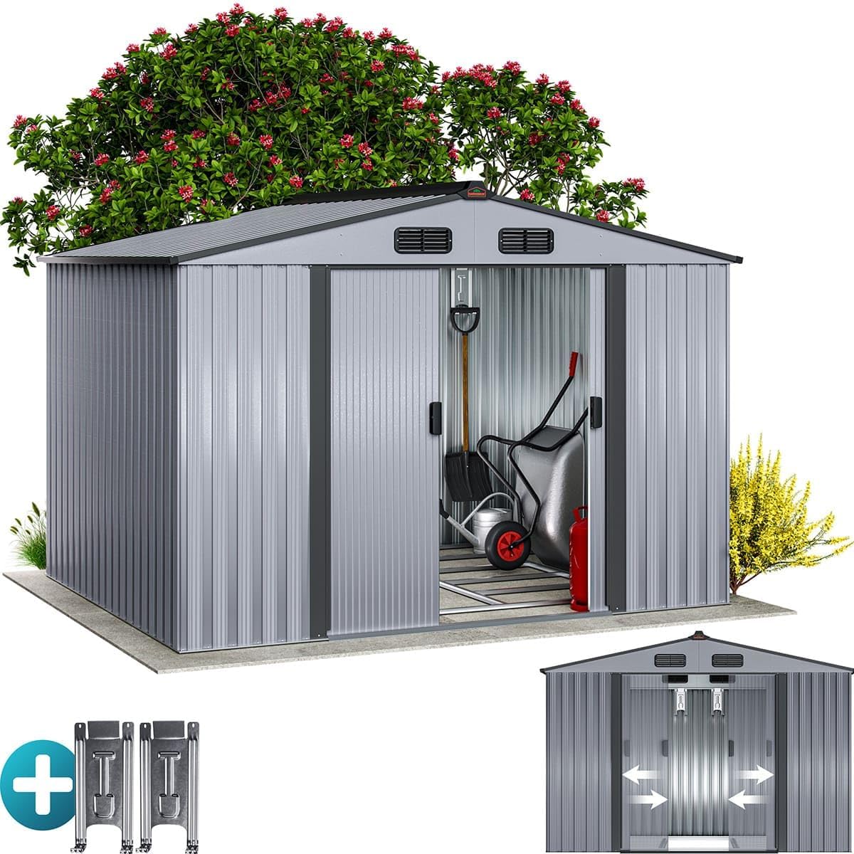 GARDEBRUK® Cobertizo de Jardín XXL Caseta Exterior 5m² con Base 260x205x180cm 9m³ Puerta Corrediza Gris Metálico