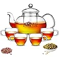 Kyraton 1000ml Glass Teapot with Removable Infuser & Blooming and Loose Leaf Tea Maker and 4 Glass Teacups Set, Stovetop & Microwave Safe Tea Kettle.
