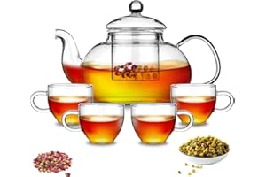 Kyraton 1000ml teiera in vetro con infusore rimovibile e fioritura e foglia sciolta Tea Maker e 4 tazze da tè in vetro set, piano cottura e bollitore per tè sicuro a microonde.
