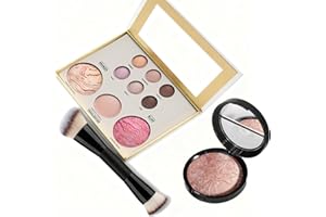 MEITREND Baked Makeup Set Face Palette 3Pcs All-in-one Starter Make up Kit,Includes Powder Foundation,Bronzer, Blush, Highlighter and 6 Eyeshadows and Brush,Travel Gift Set for Women (Gold 3PCS)