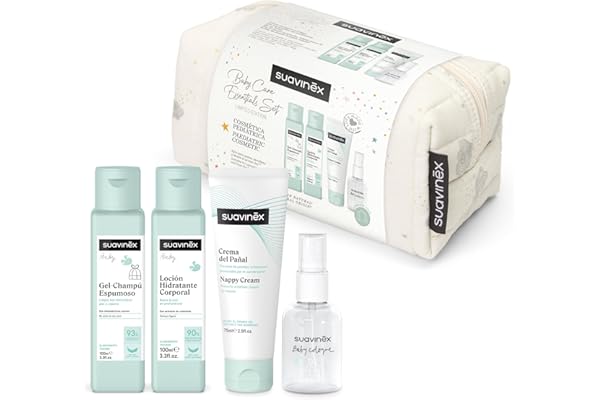 Suavinex, Trousse de Toilette Bébé, Coffret Cadeau Nouveau-né avec : Gel Shampoing 100 ml + Lotion Hydratante 100 ml + Crème pour le Change 75 ml + Eau de Cologne 50 ml. Format Voyage. Beige Dreams