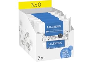 Toallitas húmedas LILLYDOO, 350 unidades (7 x 50), 100% tejido libre de plástico, paño extragrande, sin perfume