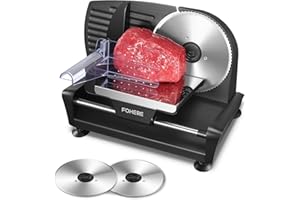 FOHERE Electric Meat Slicer Machine 200W for Home Use, with 2 Removable Stainless Steel Blade(Smooth/Serrated) and Food Pusher, Safety Switch, 0-15mm Thickness Adjustment, for Cheese, Bread