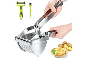 HOTLIKE Stainless Steel Potato Ricer, Potato Masher, Multifunctional Professional Masher, Heavy Duty Food Press with Brush, Peeler, Helper at Kitchen for Fruit, Vegetable, Puree
