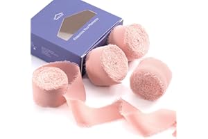 FAKILO Handmade Fringe Chiffon Ribbon 4 Rolls 1'' X 5 Yd Blush Pink Ribbon, 20 Yd Chiffon Silk Ribbon for Wedding Invitations, Bridal Bouquets, Gifts Wrapping, DIY Crafts