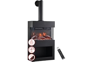 KAMINIO Eléctrica Chimenea Henri con Tubo - Estufa de Chimenea con calefacción, Efecto de Llama 3D, Compartimento para leña, luz Ambiental LED, Control Remoto (Negro)