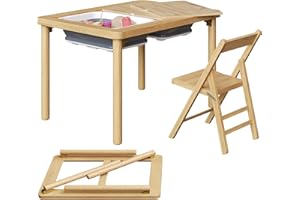 FUNLIO Foldable Wooden Sensory Table with 2 Bins & 1 Foldable Chair for Toddlers, Kids Sensory Table with Anti-Warping Plywood Lid, Indoor/Outdoor Play Sand and Water set, CPC Certified