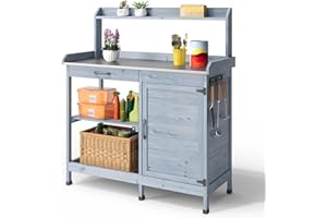 Blishom Tavolo da Giardinaggio,Tavolo per Piante,Tavolo Lavoro da Giardino in Legno Massello con Piano Lavoro, Ripiano Regolabile e Armadietto, Balcone, Terrazzo 112x46x125 cm Grigio