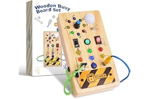 YITICAL Tablero Ocupado Juguete Montessori 1 2 3 4 Años, Actividades Tablero Para Bebé De Madera Con 8 Interruptores 15 Luces Led, Juguete De Aprendizaje Habilidades Motoras, Regalo Niño Niña 12 18 Meses