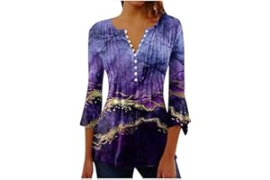 NUSGEAR Camiseta Manga Corta Mujer Verano 2023 Moda Impresión Camisa 3/4 Manga Blusa Cuello en V Botones Plisada Camiseta Elegant Suelto Tops Casual Fiesta Cómodo T-Shirt Original tee Playa