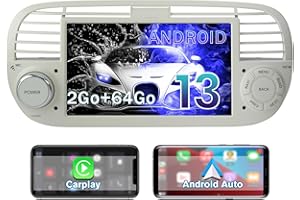 Hexinex Autoradio Android 13 Compatible avec Fiat 500(2007-2015) [2Go+64Go] 7 Pouces avec Carplay Android Auto GPS WiFi DSP FM Commande au Volant/Bluetooth/Aide au Stationnement