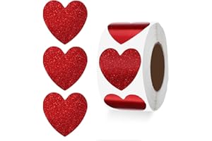 XINJODUZ 500 szt. walentynkowych naklejek z czerwonym sercem, 2,5 cm, brokatowe naklejki w kształcie serca dla dzieci, samoprzylepne dekoracyjne mini naklejki miłosne, etykiety na Dzień Matki, koperty,