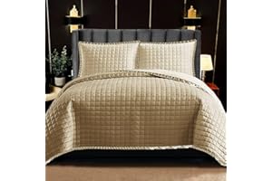 Fit Even Quilt Osca Bedspread 3 Piece Set – Coverless Quilted Square Pattern Bedspread, Comforter Throw, Summer and All-Season Lightweight Bedding Sets, with 2 Pillow Sham (Super King, Beige)