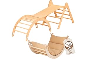 WoodsCraft 3en1: Arche d'Escalade, Triangle d'Escalade & Toboggan Interieur Enfant & Bebe | Arche Montessori avec Coussin Hypoallergénique & 2en1: Rampe/Toboggan | Escalade Enfant Interieur