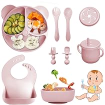 Coffret Repas Bébé Silicone 11 Pièces - Assiette Et Bol Ventouse, Couverts, Bavoir - Sans BPA, Lavable Au Lave-vaisselle