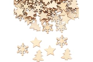 SALGIA 100 Piezas Mini Rebanadas Navideñas de Madera Sin Terminar, con Copos de Nieve de Madera Rebanados, Árboles de Navidad de Madera Rebanados, Estrellas de Madera Rebanadas