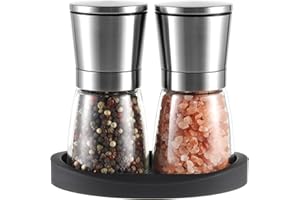 Vzaahu Salt and Pepper Grinders 2 Set with Ceramic Core with Storage Base, Adjustable Coarseness, Portable, Refillable Spice Mills,Home Kitchen Birthday, Housewarming Gifts