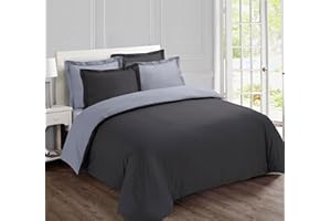 Vision Parure de Lit Réversible 100% Coton Lit Double - Gris Anthracite | 1 Housse de Couette (240x220 cm) + 2 Taies d'oreiller (65x65 cm) | 57 Fils/cm² | Doux et Confortable | Certifié Oeko-Tex